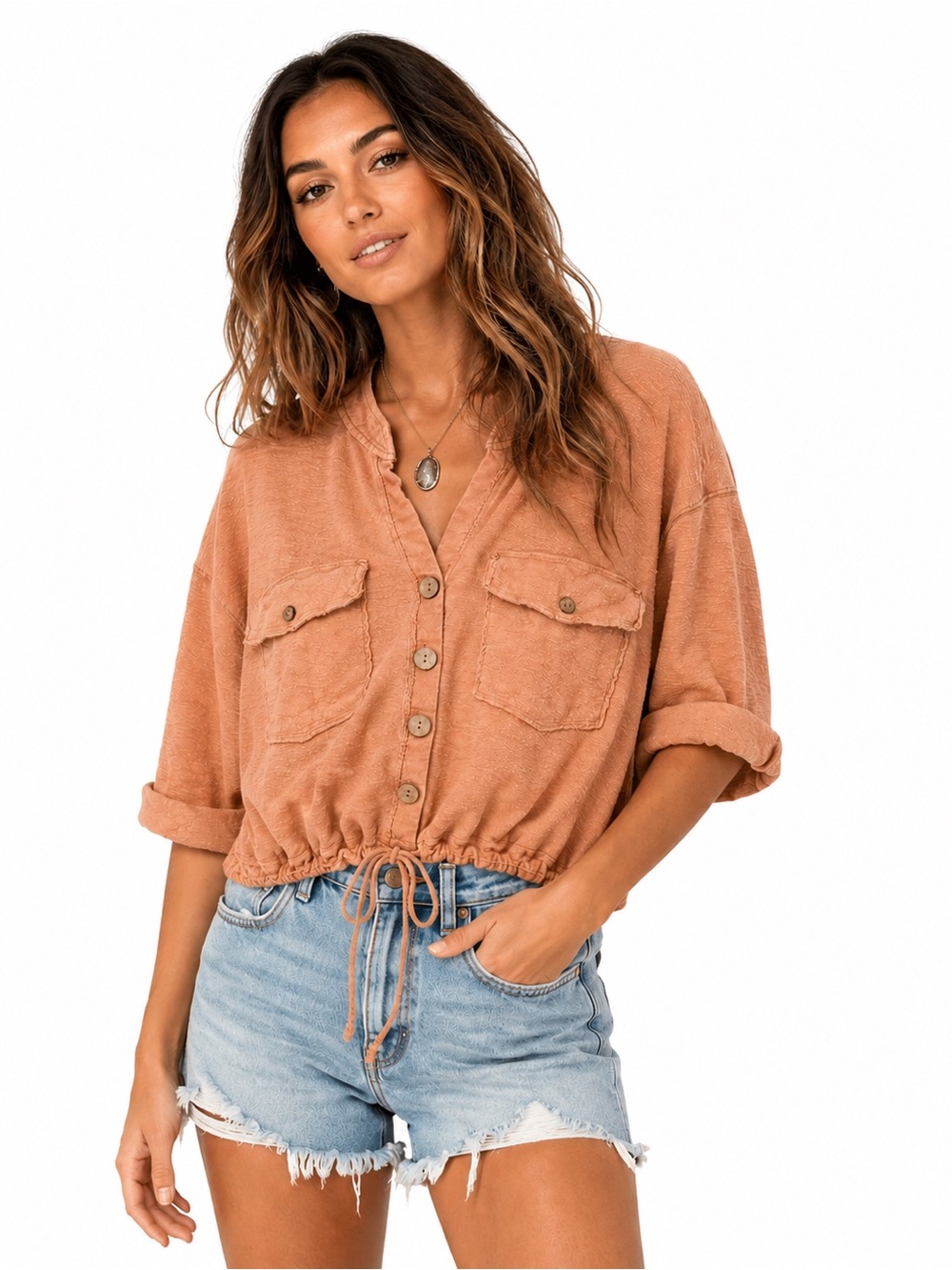 Free People We The Free‎ Cotton Linen Button Front Crop Top Peach Large Boho